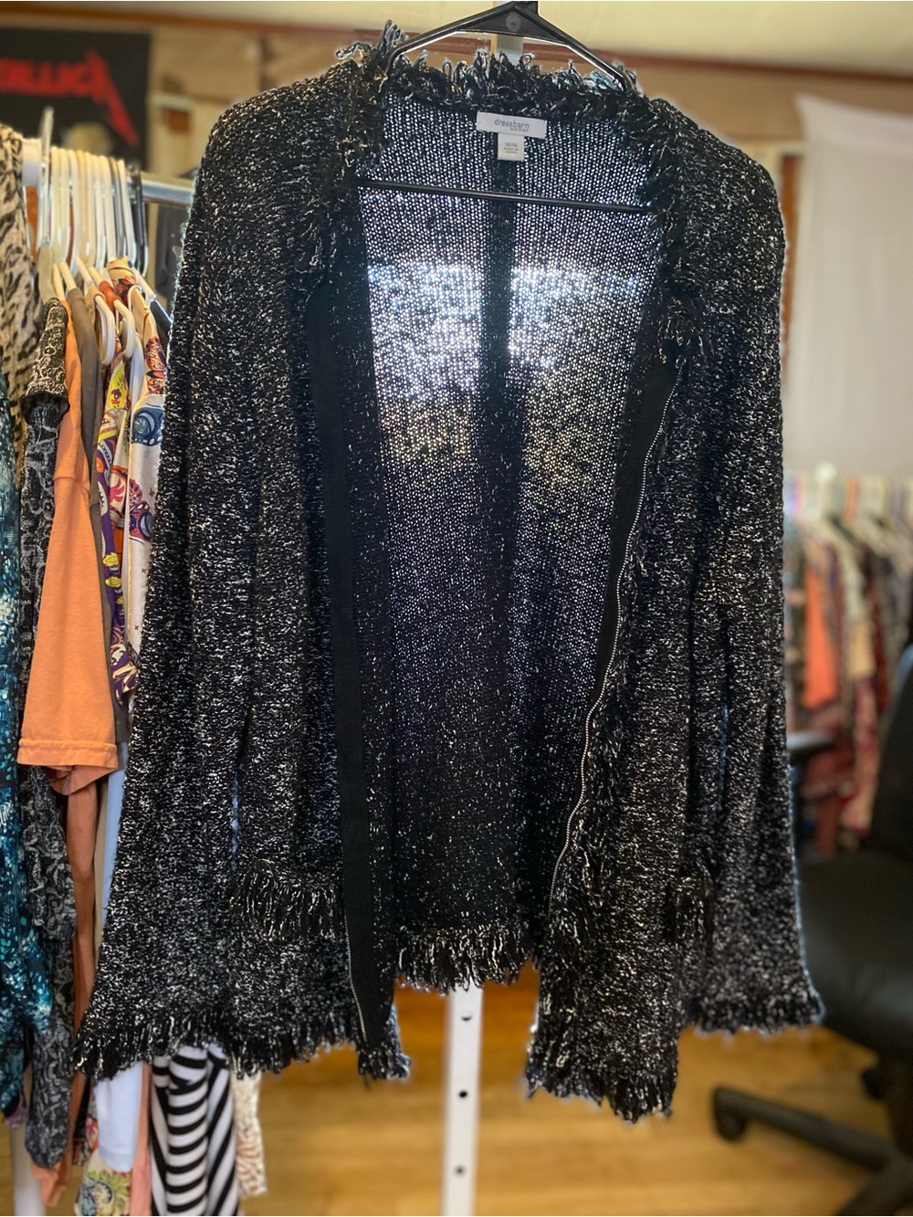 dressbarn Black Metallic Fringe Open-Front Cardigan Sweater Zip-Up